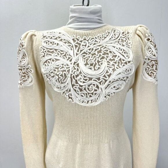 Vintage 80s Pat Sandler Wellmore Embellished Cream Sweater Dress Women’s 6 Zip - Picture 2 of 14